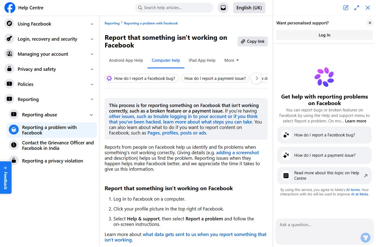 Facebook Help Centre Report a Problem page with three sign-in steps