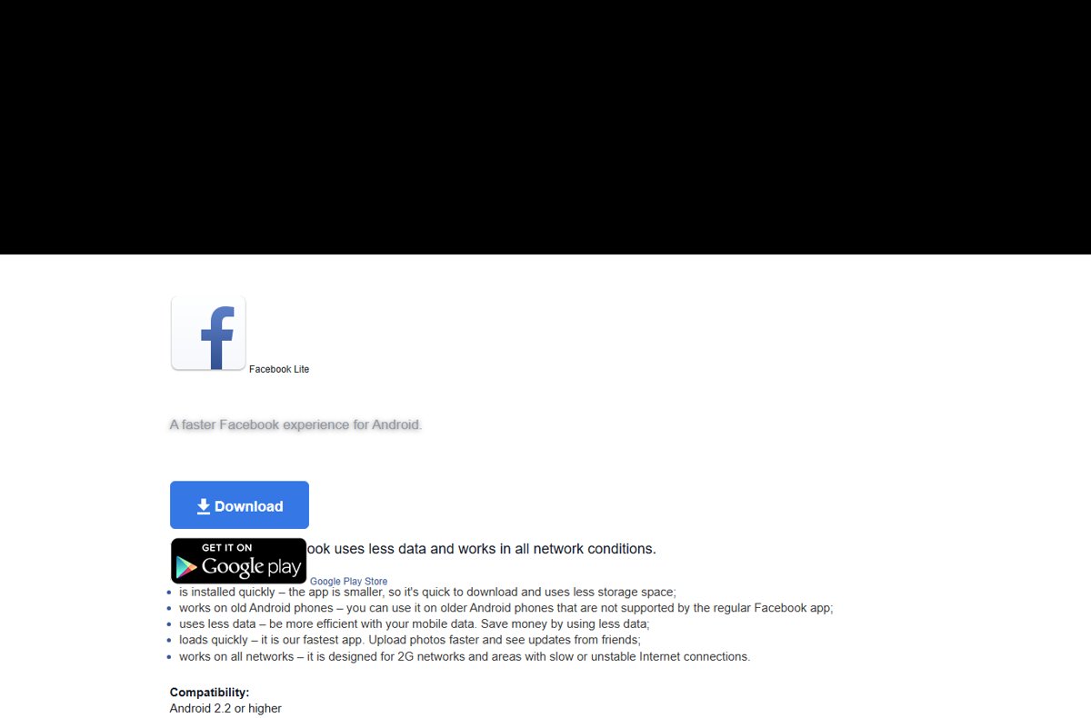 Facebook Lite app download page with Google Play button