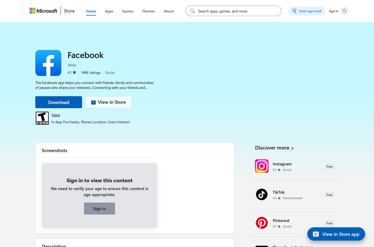 Microsoft Store listing for Facebook published by Meta