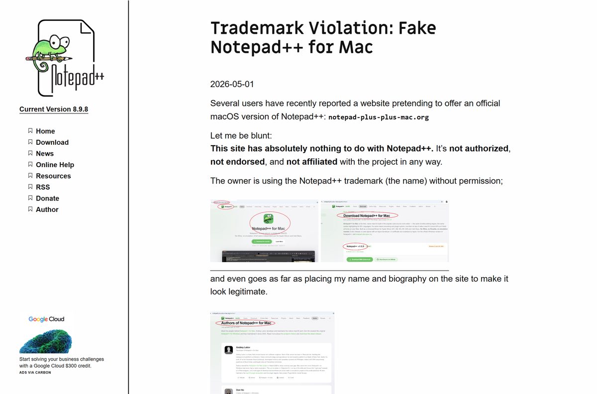 Official Notepad++ notice about a fake macOS version site