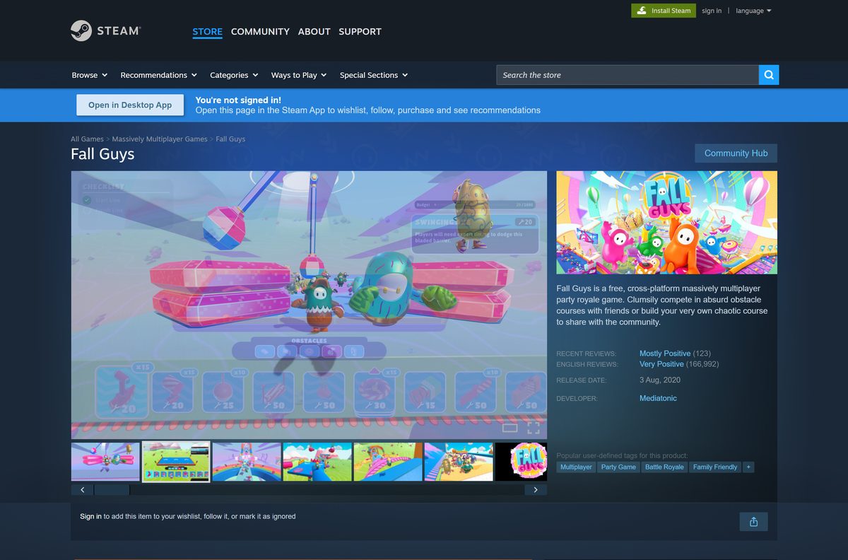 Steam store page for Fall Guys showing it is no longer sold there