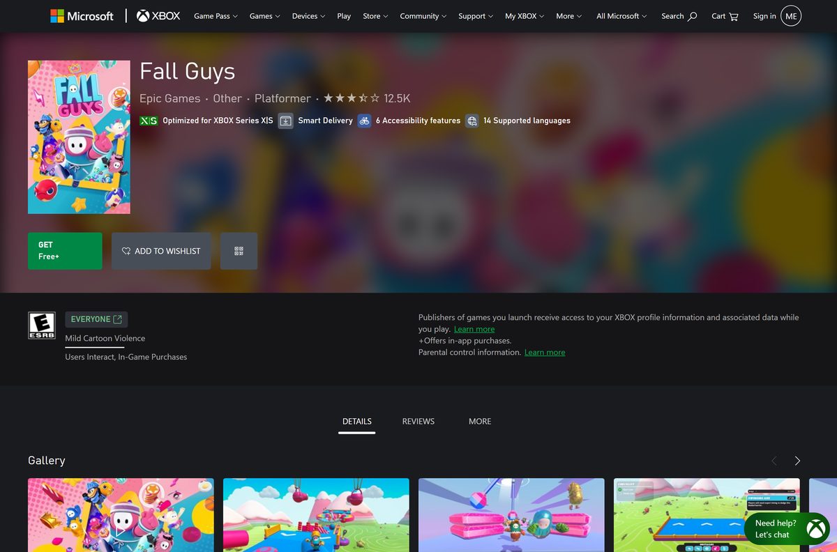 Xbox store listing for Fall Guys with the GET button and Free+ price