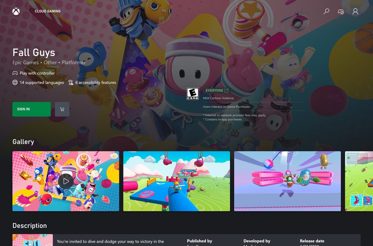 Xbox Cloud Gaming page for Fall Guys with the sign-in button