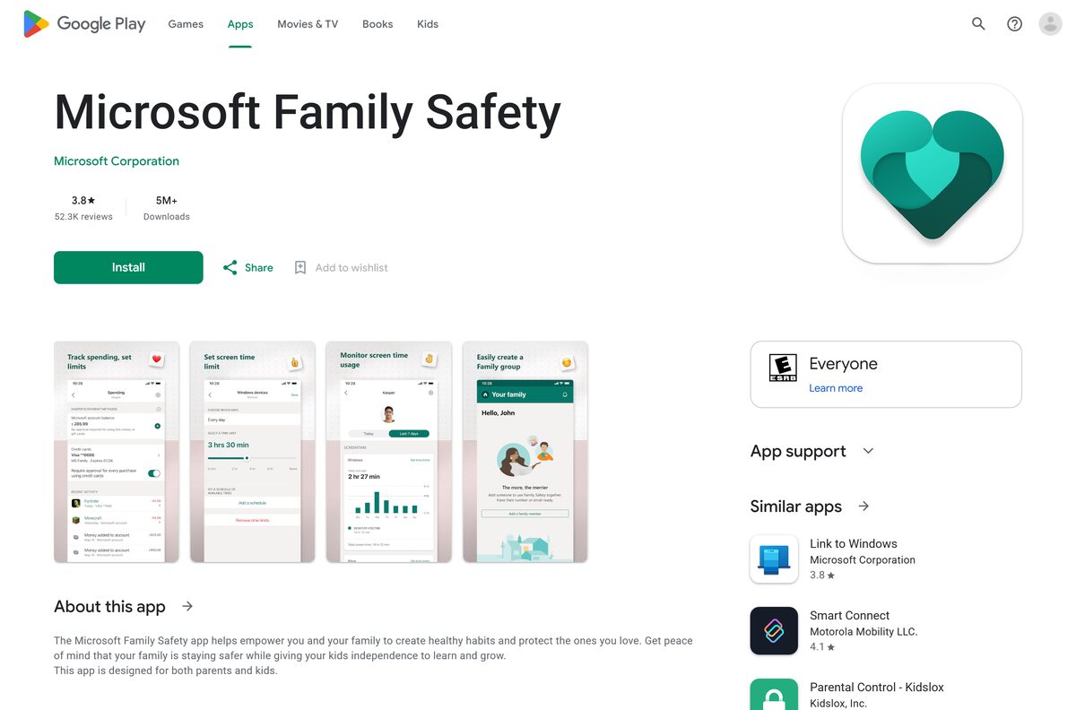 Google Play page for Microsoft Family Safety with its rating and install count
