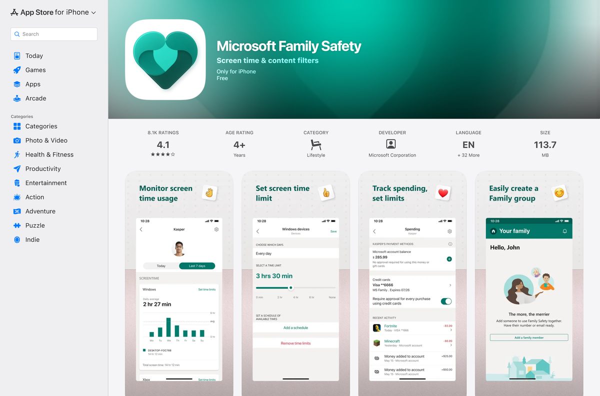 App Store page for Microsoft Family Safety with its rating and free price