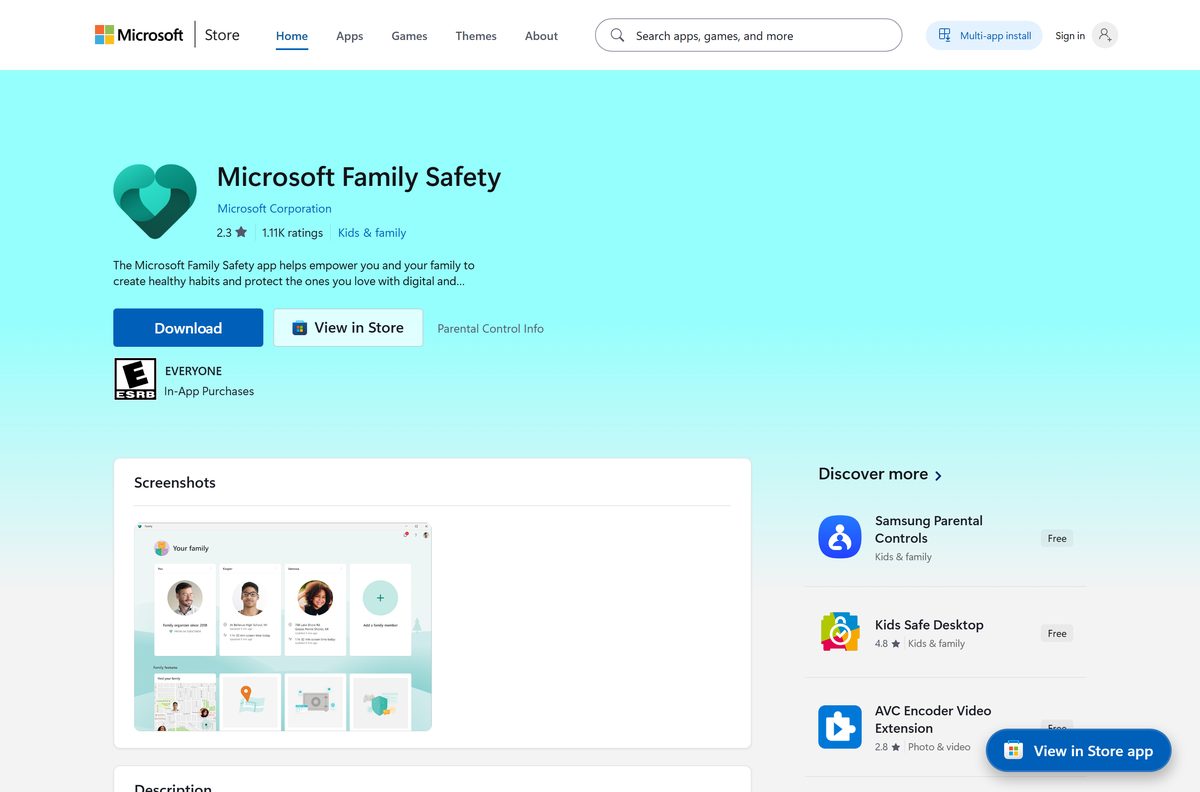 Store listing for Microsoft Family Safety showing the free price and Get button
