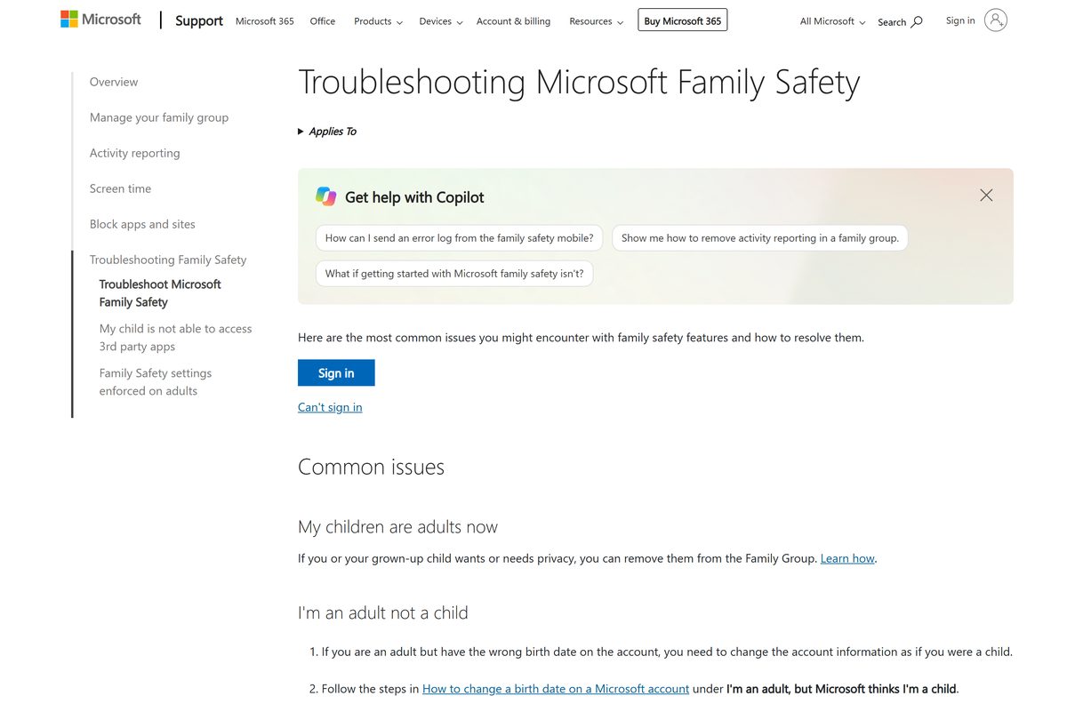 Support page listing fixes for Microsoft Family Safety limits and activity reporting