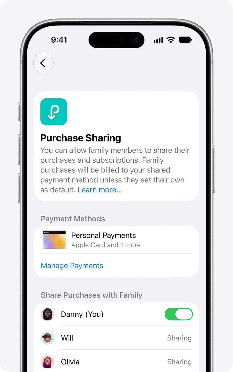 Family Sharing Purchase Sharing screen listing members and payment methods