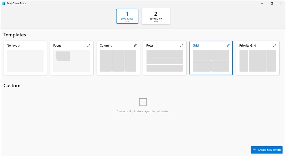 FancyZones layout editor with Grid template selected for two monitors