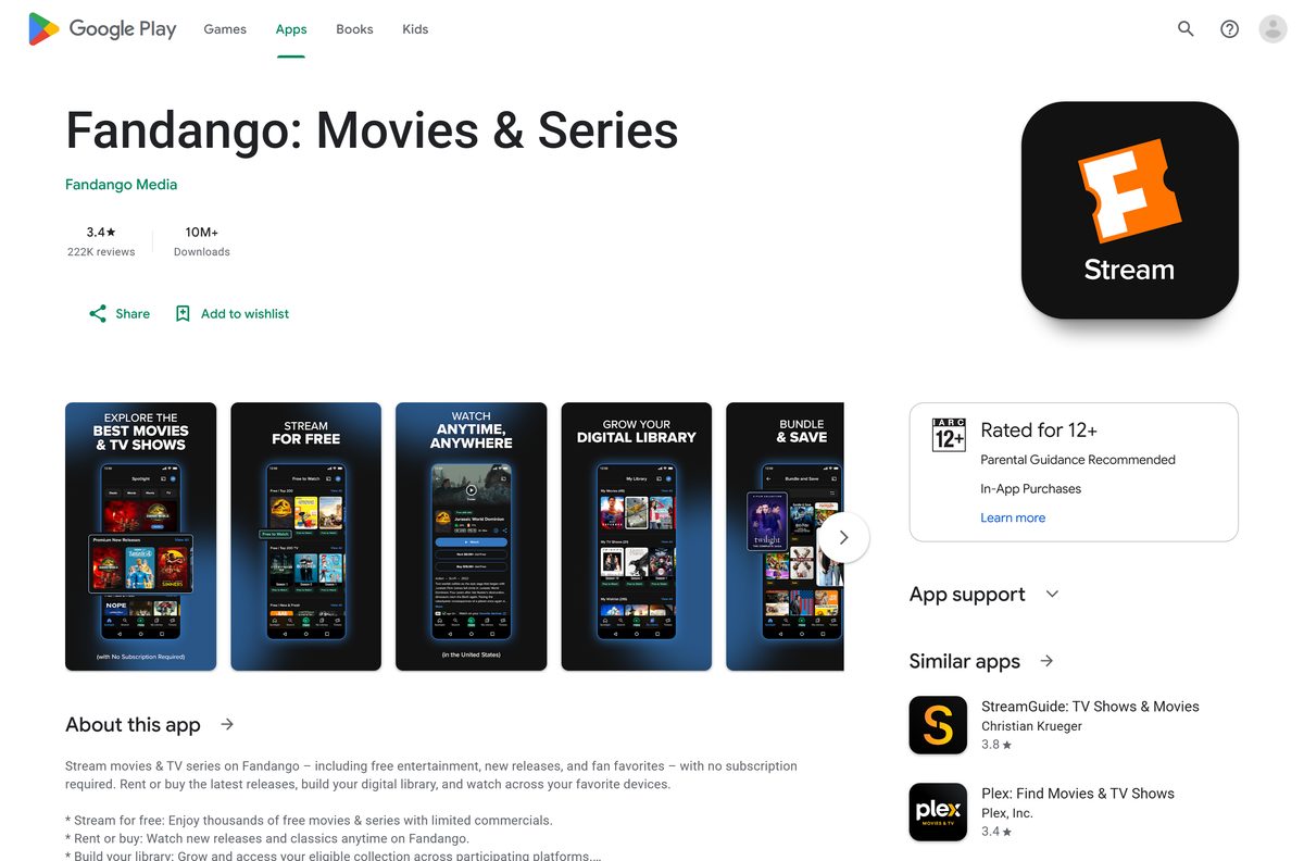 Google Play listing for Fandango at Home with in-app purchases notice
