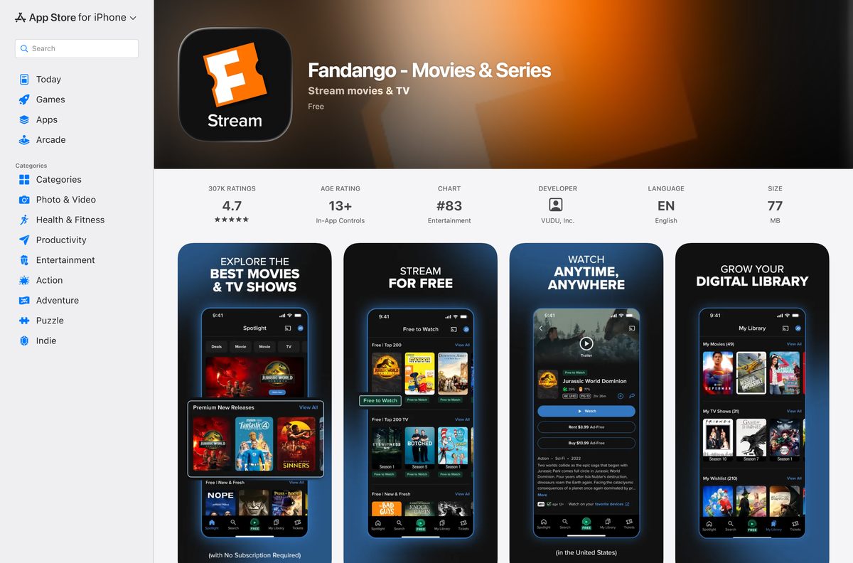 App Store page for Fandango at Home showing supported Apple devices