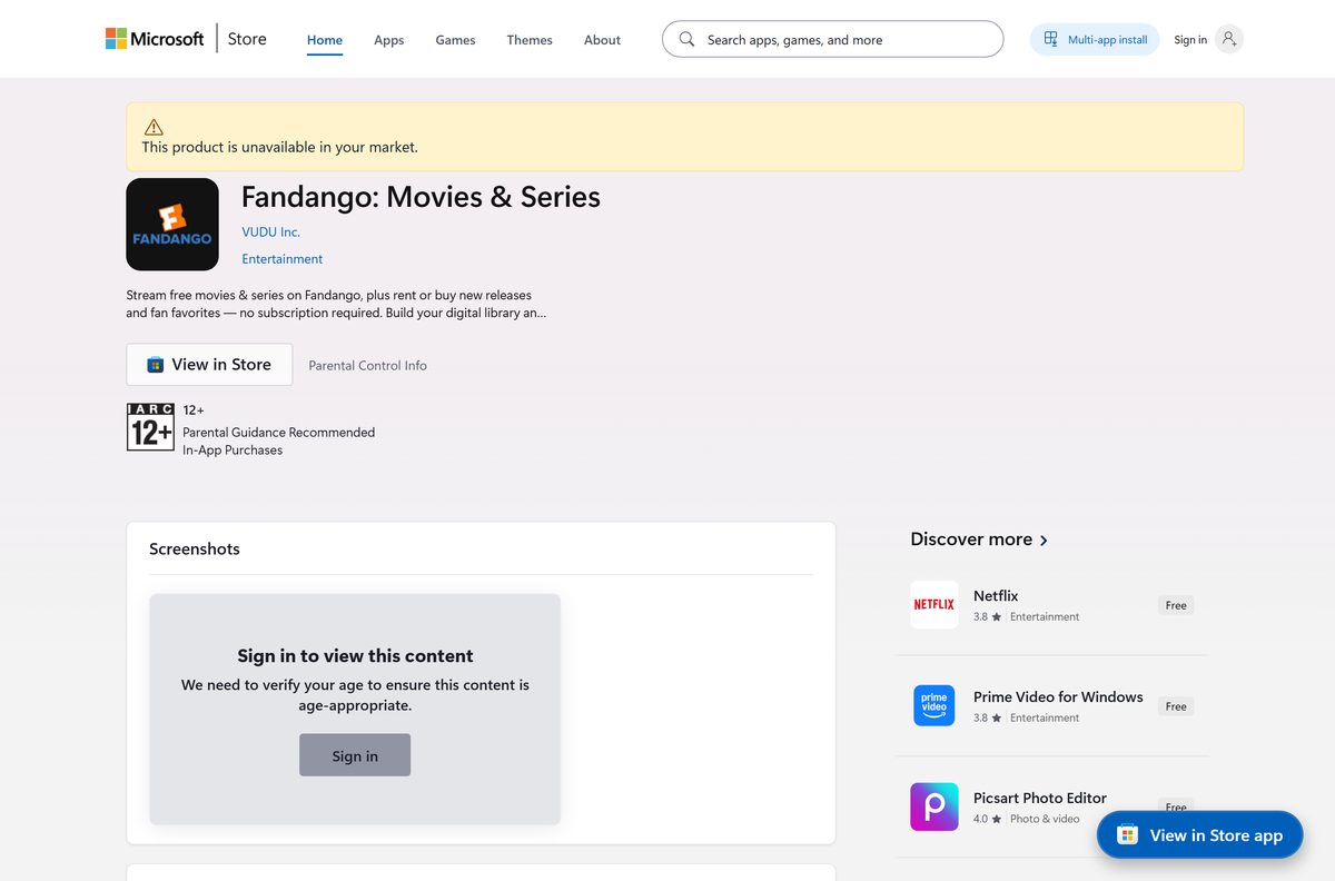Microsoft Store listing for Fandango at Home with publisher and Get button