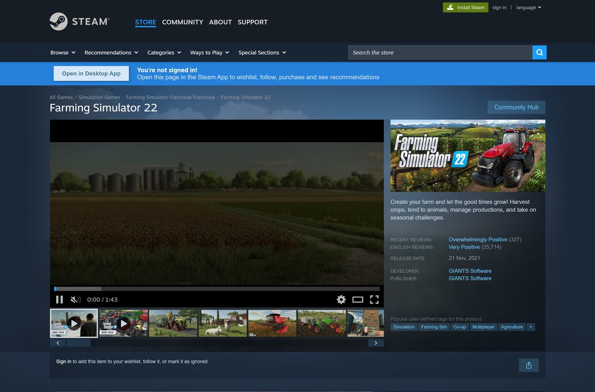 Steam store page for Farming Simulator 22 with its reviews and release date