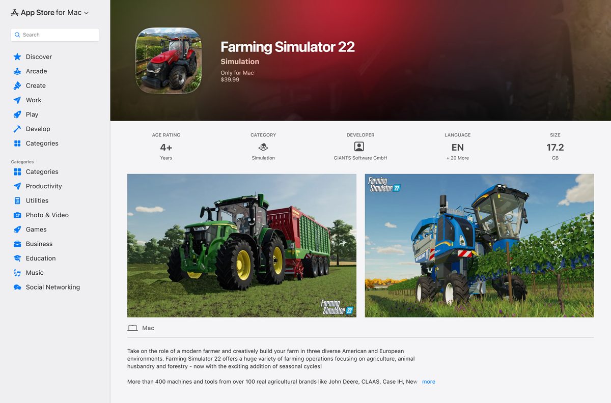 Mac App Store listing for Farming Simulator 22 with price and size