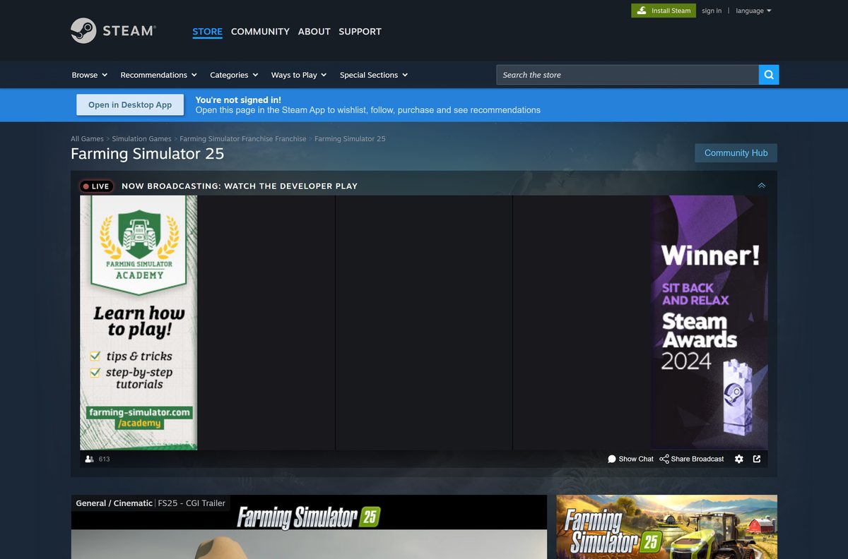 Steam store page for Farming Simulator 25 from GIANTS Software