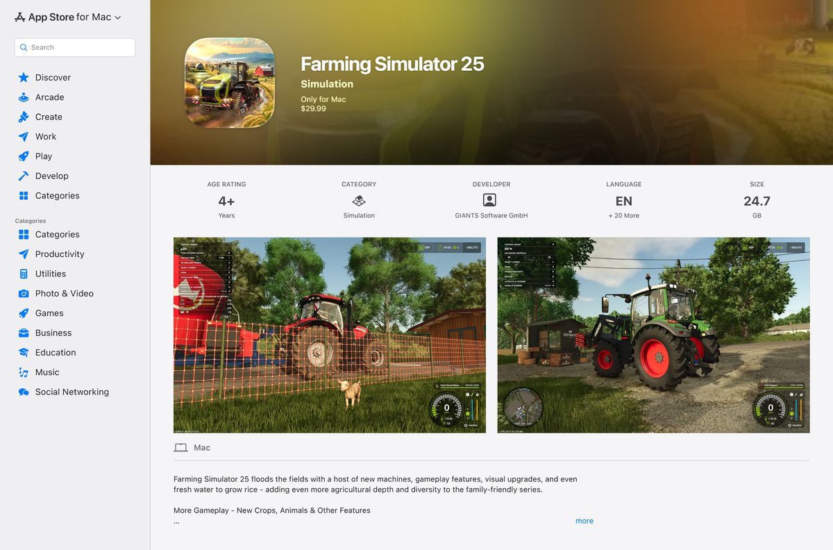 Mac App Store listing for Farming Simulator 25 with its price