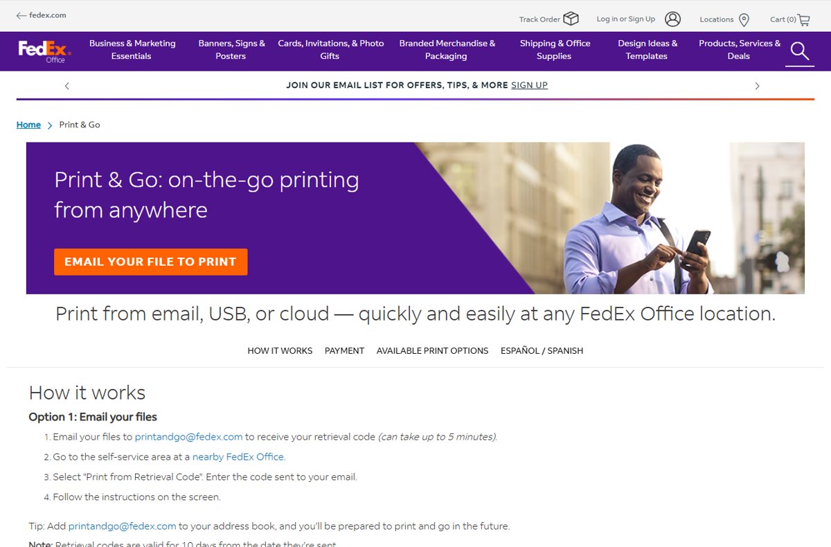 FedEx Office Print & Go page with the Email Your File button