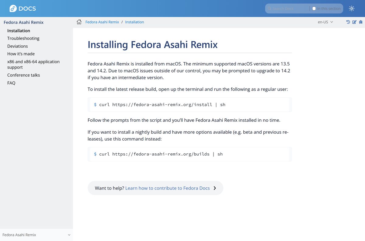 Fedora Asahi Remix install page for Apple silicon Macs