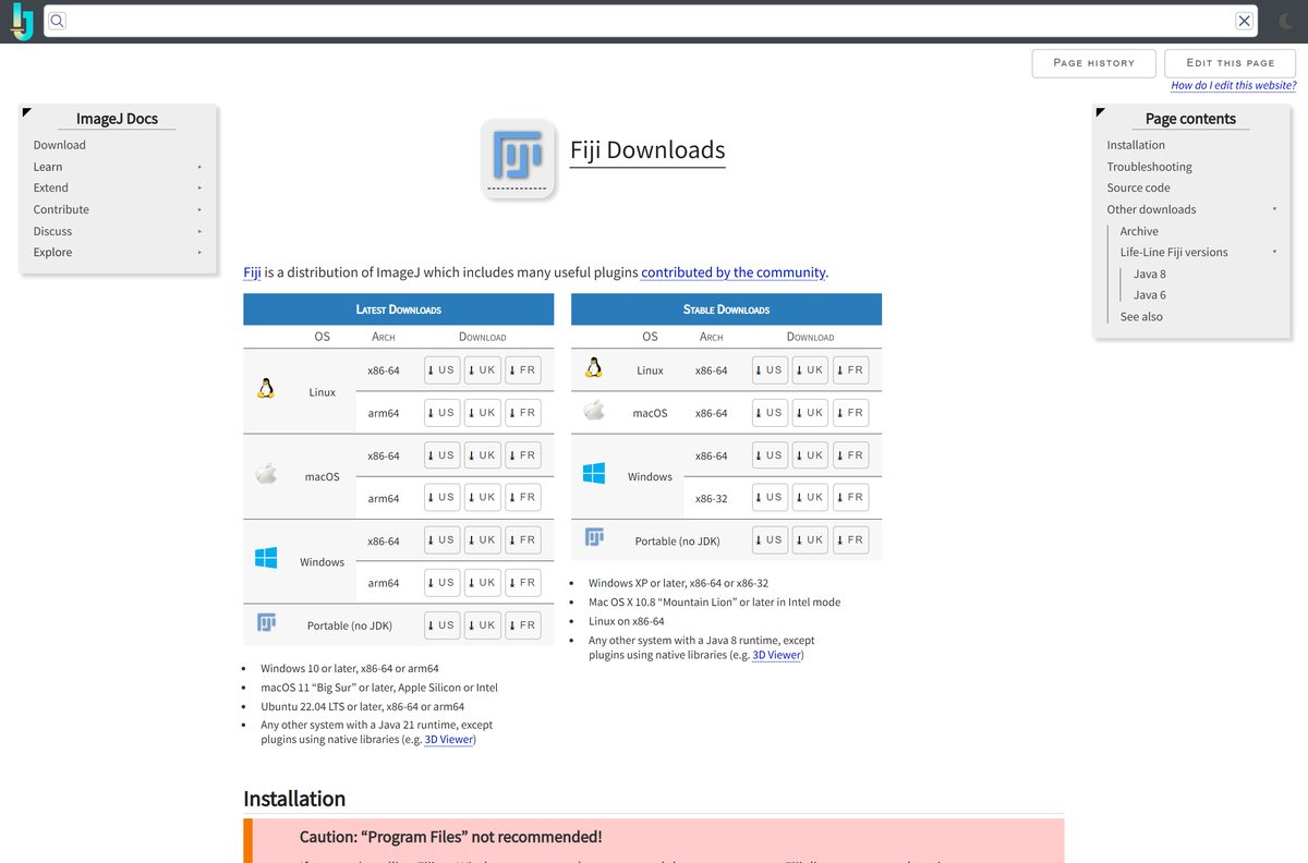 Fiji downloads table for ImageJ with Latest and Stable builds