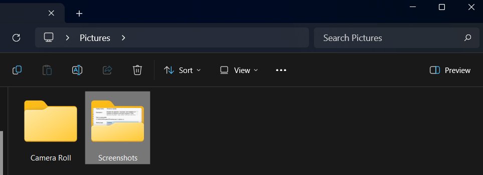 File Explorer Pictures folder showing the Screenshots subfolder icon
