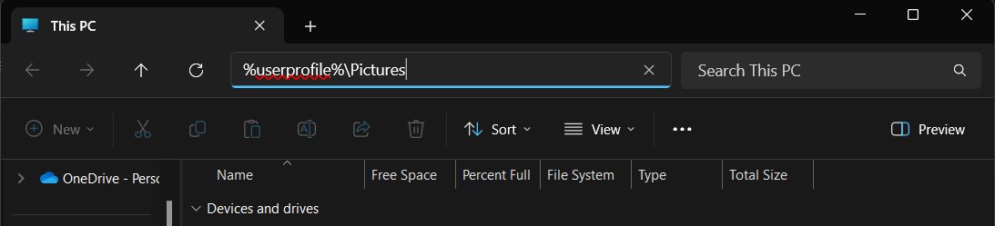 File Explorer address bar with %userprofile%\Pictures typed in