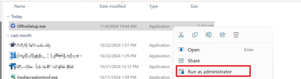 File Explorer menu running a downloaded Office setup file as administrator