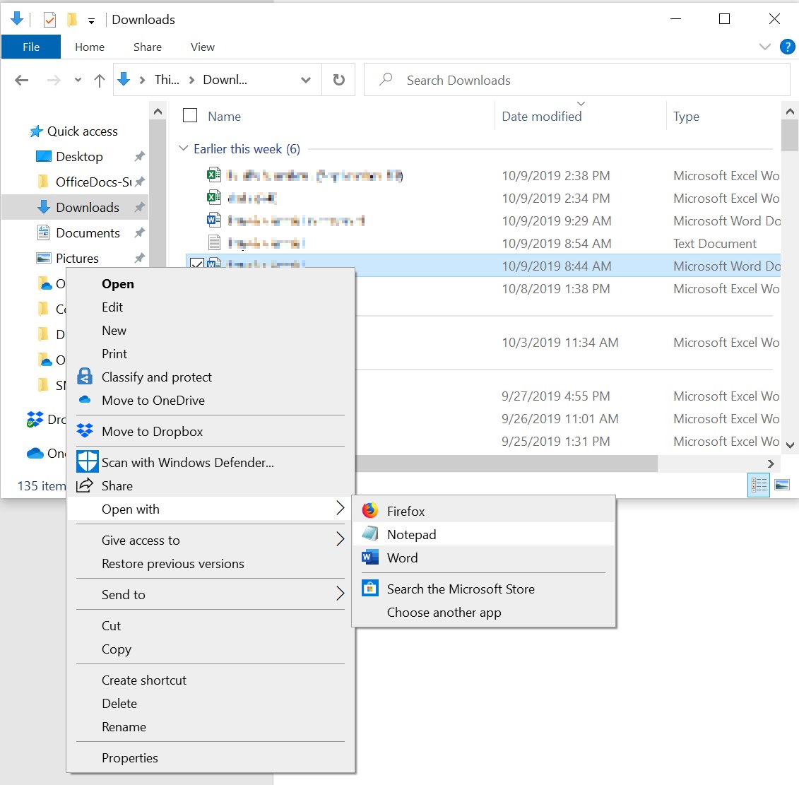 File Explorer right-click menu with Open with submenu showing Notepad
