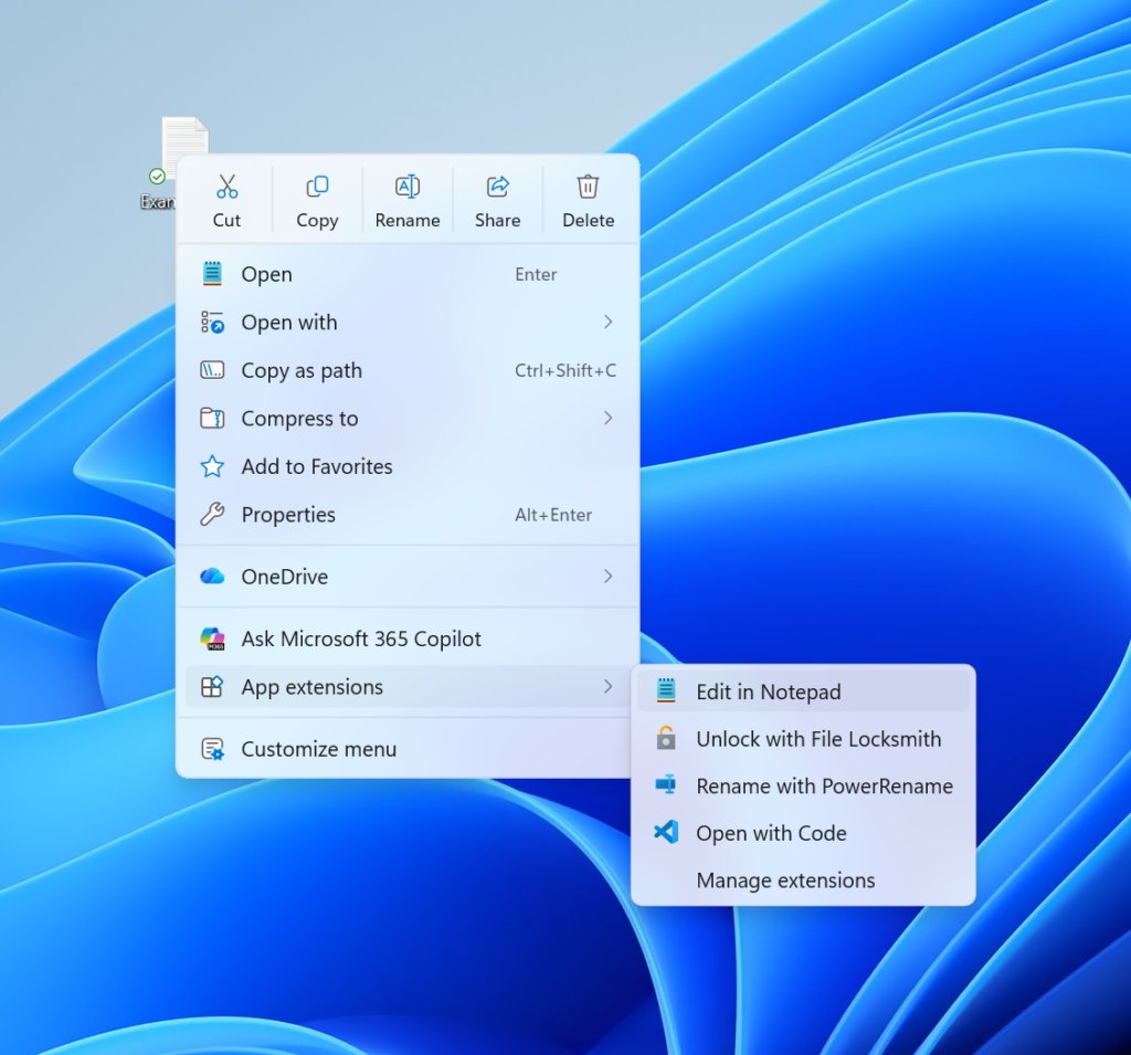 File Explorer right-click menu with an App extensions submenu open