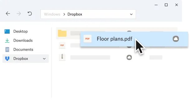 File Explorer row for a PDF highlighted with the Dropbox cloud icon
