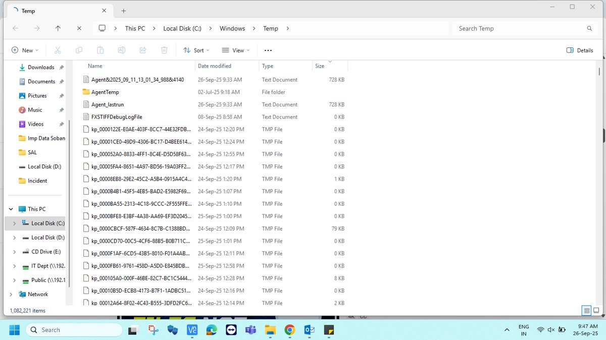 File Explorer showing the C:\Windows\Temp system folder full of files