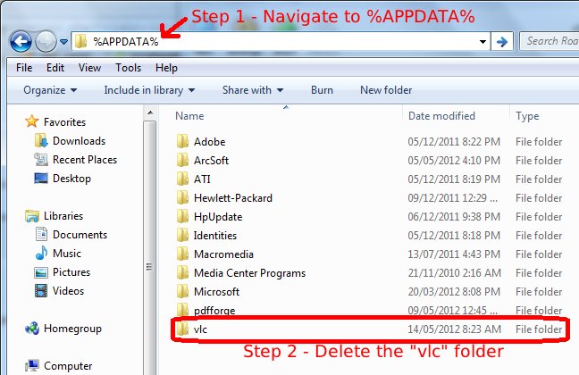 File Explorer showing the vlc folder inside %APPDATA% marked for deletion