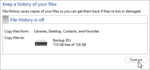 File History control panel showing it turned off with a Turn on button