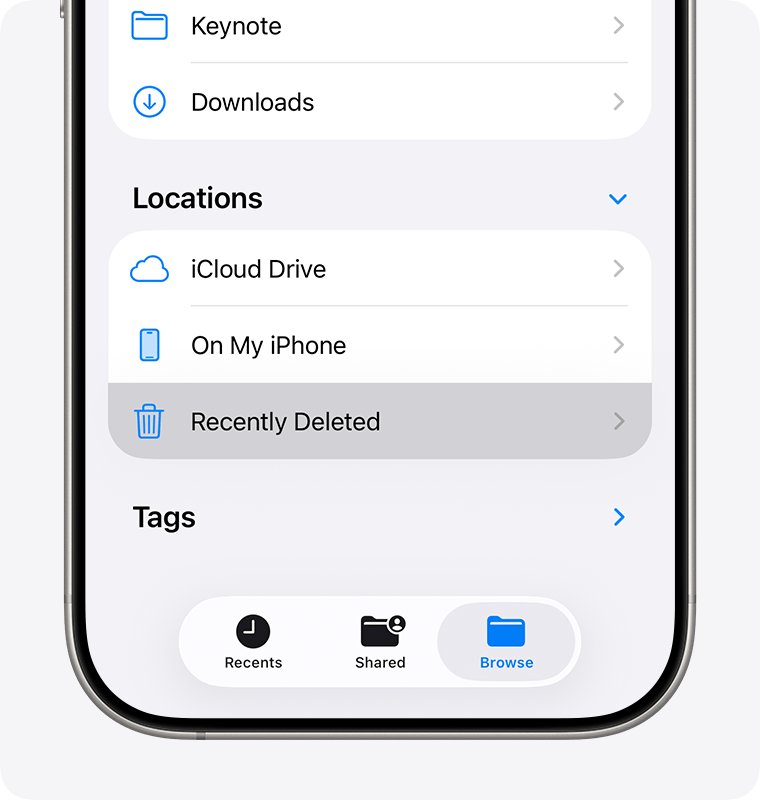 Files app Browse screen with Recently Deleted highlighted below Locations