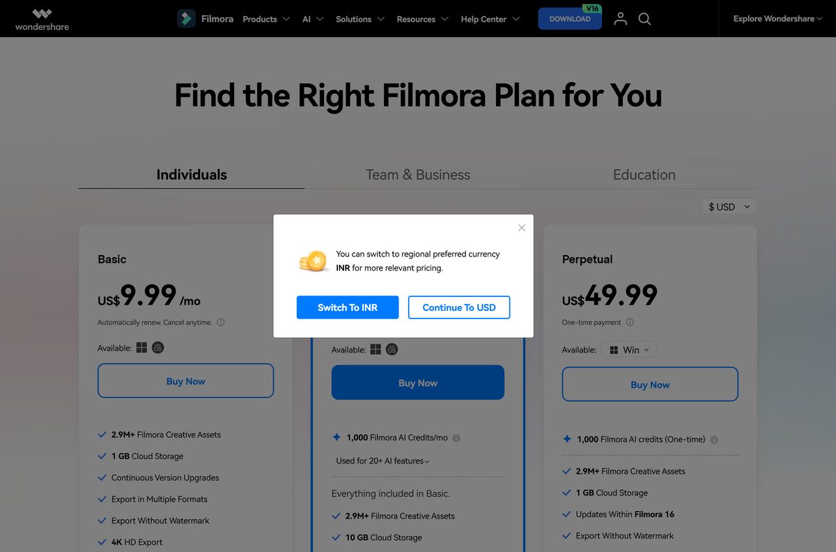 Filmora pricing page comparing Basic, Advanced and Perpetual plans