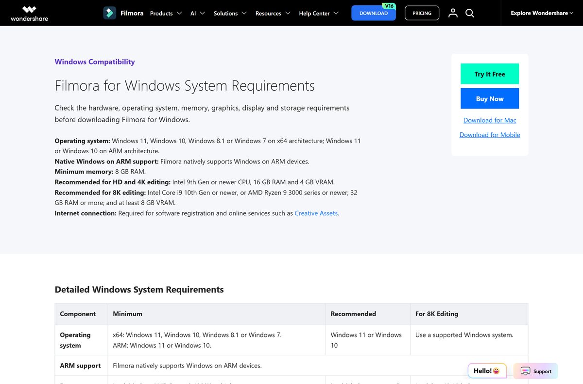 Filmora Windows system requirements table with processor, memory and graphics rows