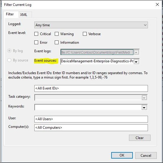 Filter Current Log dialog with event level and event ID options