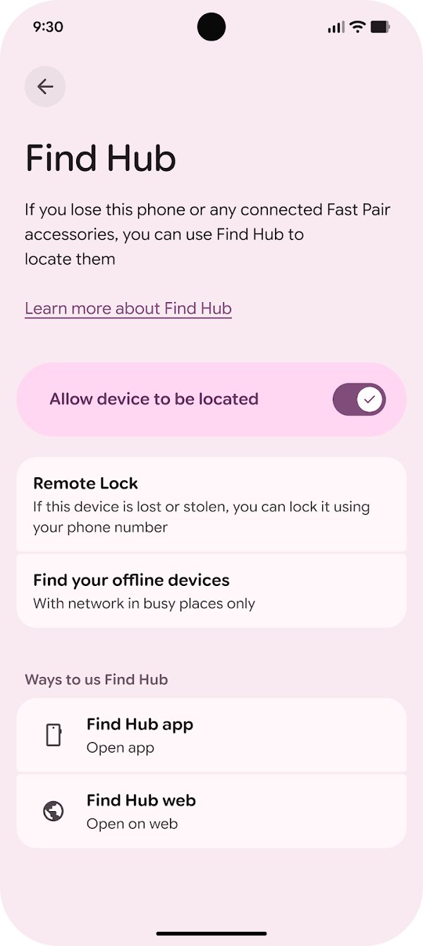 Find Hub settings screen with Allow device to be located toggle on