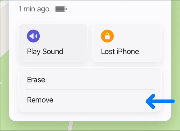 Find My device menu highlighting the Remove option