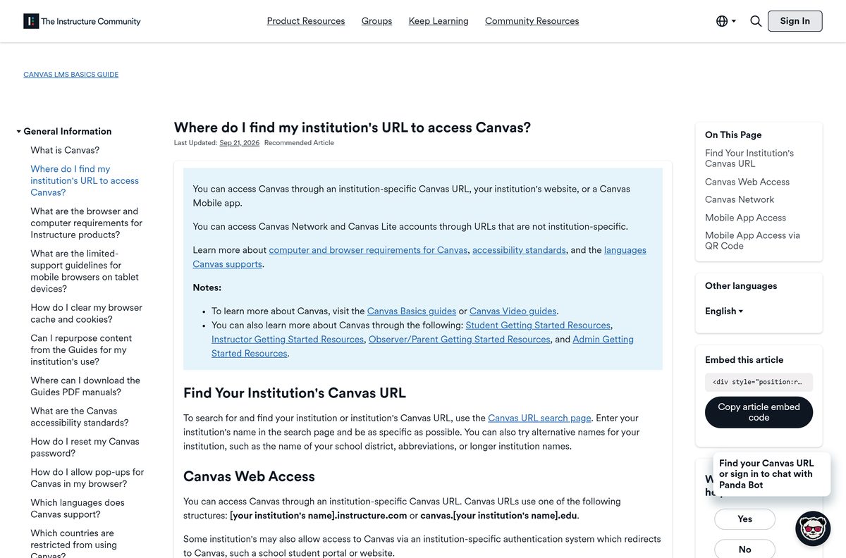 Instructure guide explaining where to find a school's Canvas address