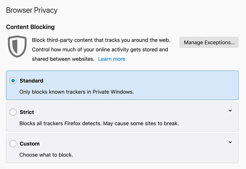 Firefox Content Blocking settings with Standard, Strict and Custom options