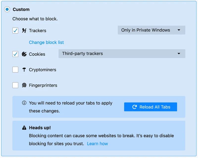 Firefox Custom tracking protection with Trackers and Cookies checked