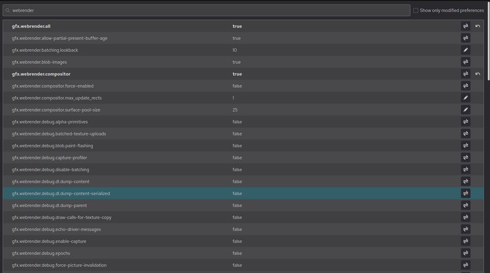 Firefox about:config editor showing filtered list of preferences
