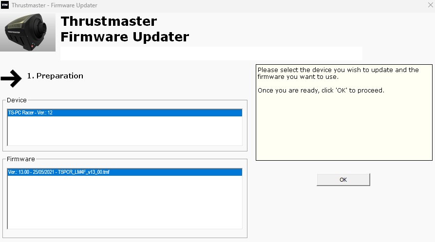 Firmware Updater Preparation screen listing the connected device and firmware version to install