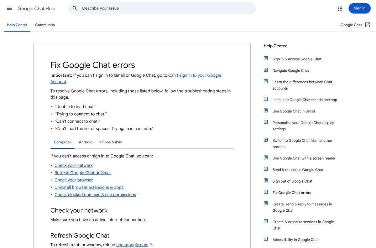 Google help page listing Chat loading errors and their fixes