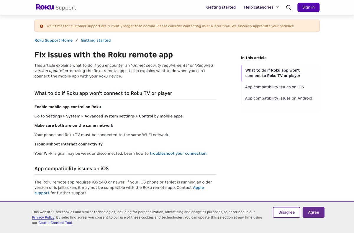 Roku Support article on fixing the mobile remote app