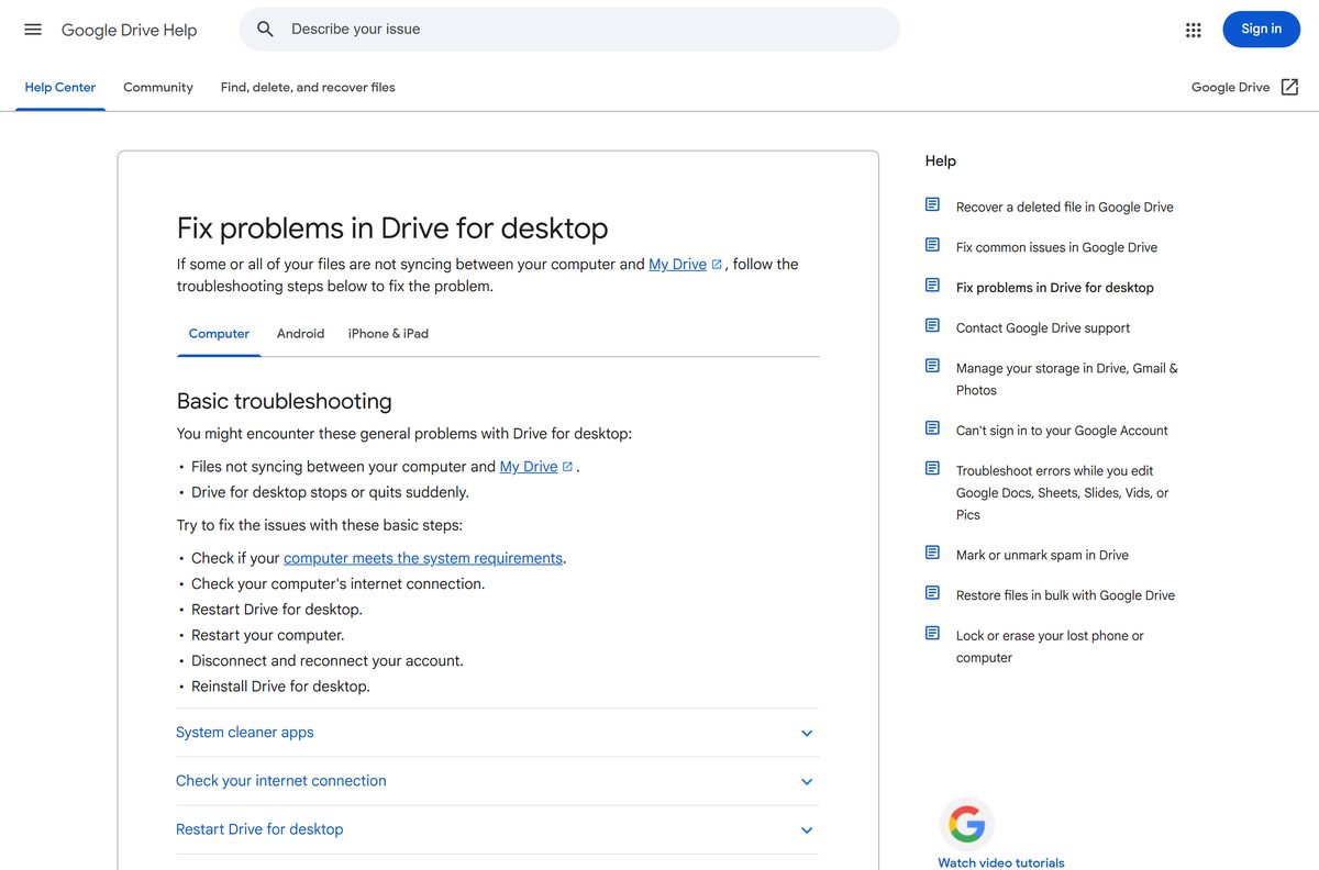 Help page with fixes for files not syncing