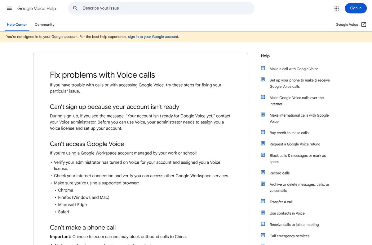 Google help page listing fixes for Voice calls that fail