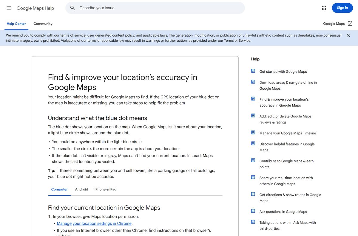 Google help page explaining the blue dot and location accuracy on a computer