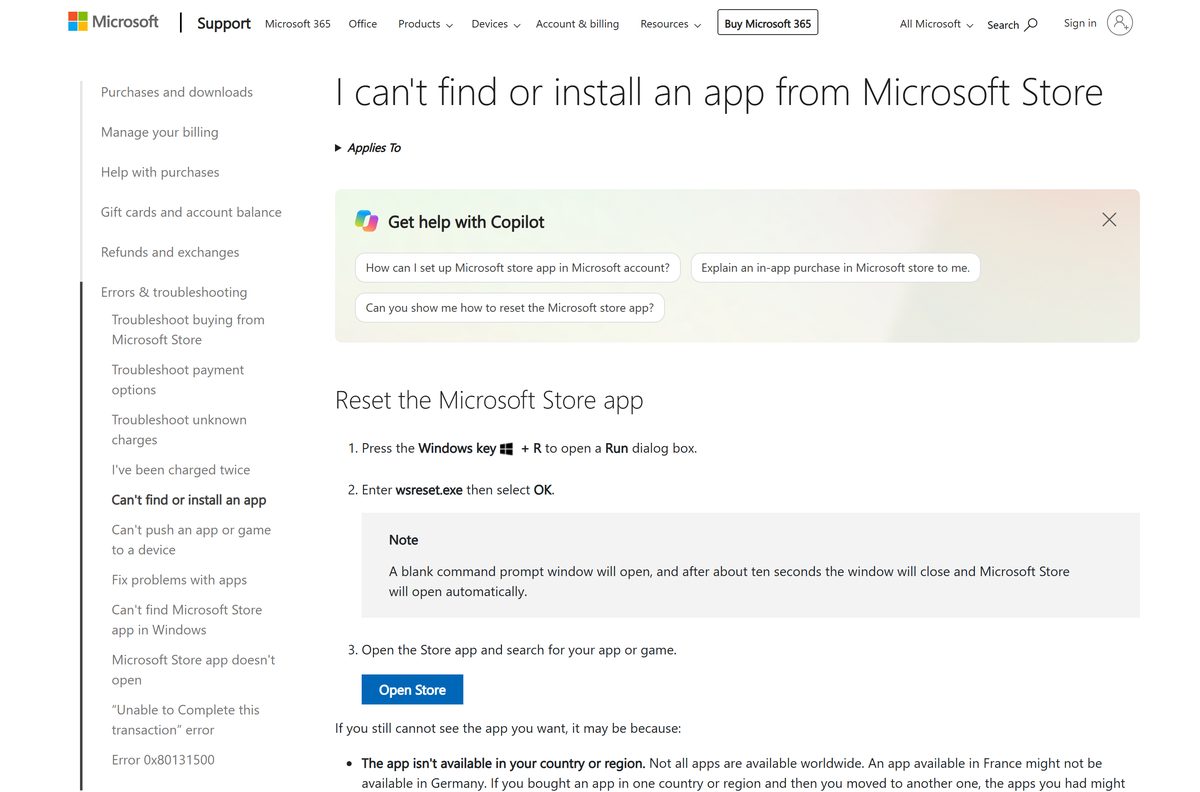 Microsoft support page on apps that fail to install from the Store