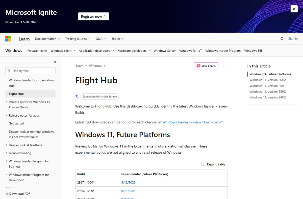 Flight Hub page on Microsoft Learn listing Windows Insider Preview builds